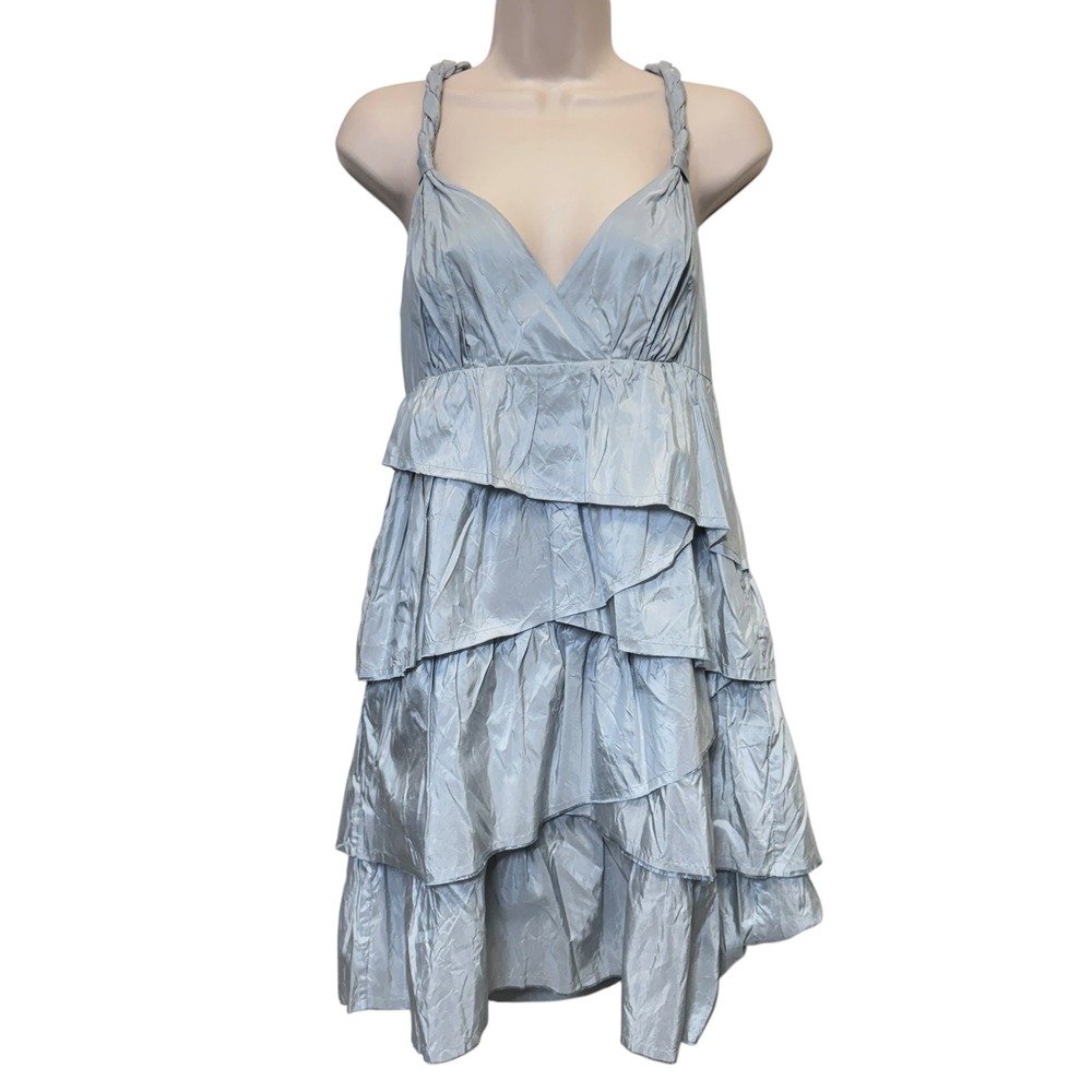 Calypso St. Barth Silk Dress M Silver Ruffle Tiered Metallic Boho Resort Travel